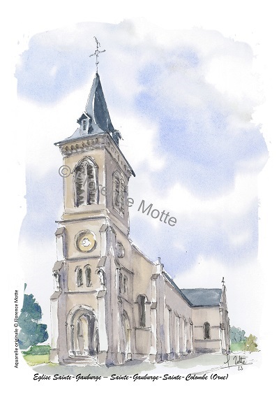 Sainte Gauburge Sainte Colombe, aquarelle église de l'Orne