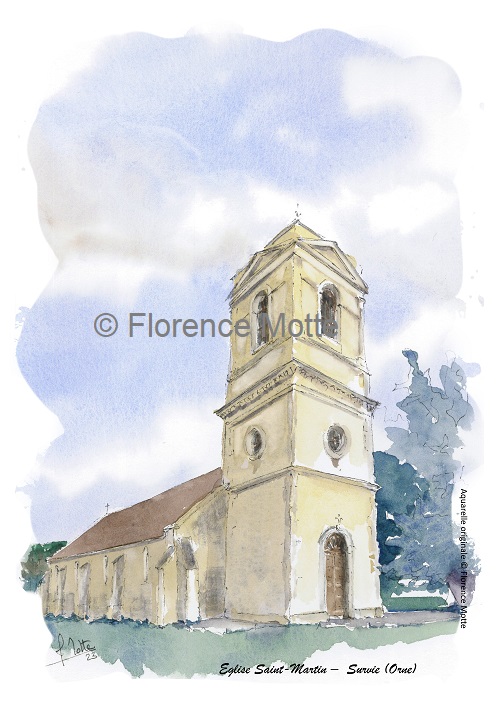 Survie, aquarelle église de l'Orne