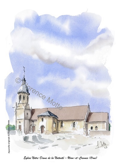 Urou et Crennes, aquarelle église de l'Orne