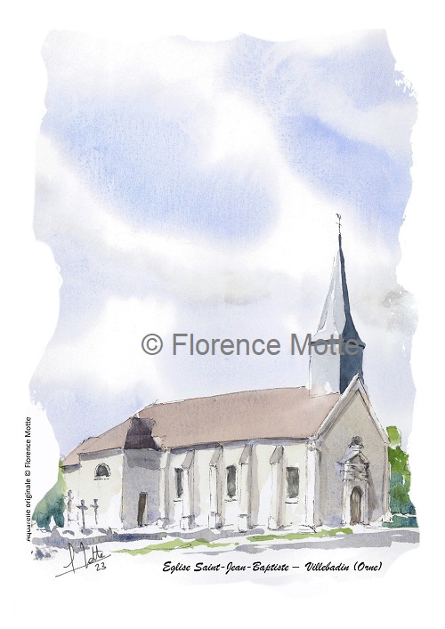 Villebadin, aquarelle église de l'Orne