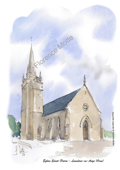 louvières en auge aquarelle église Orne