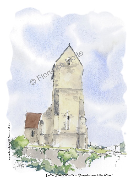 neauphe sur dive aquarelle église Orne