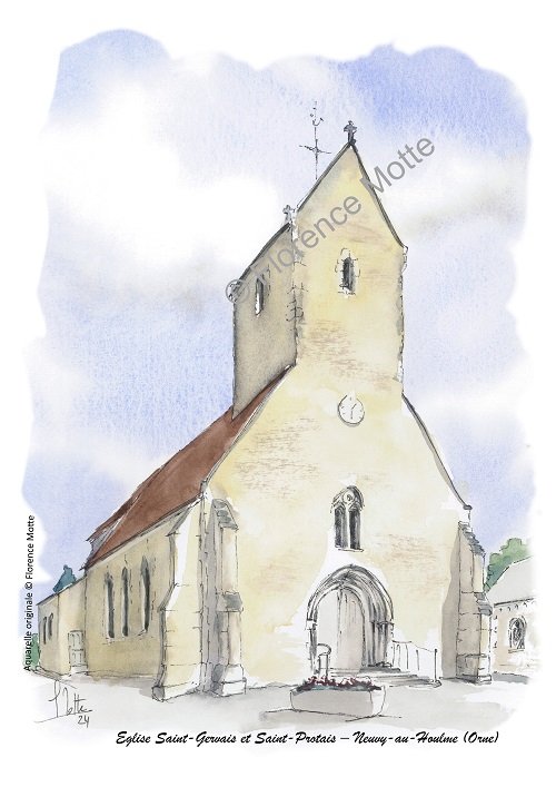 neuvy au houlme aquarelle église Orne