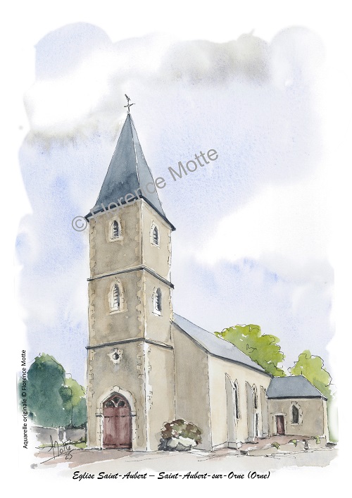 st aubert sur orne aquarelle église Orne
