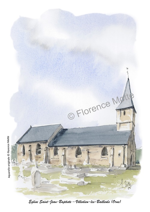 villedieu les bailleuls aquarelle église Orne